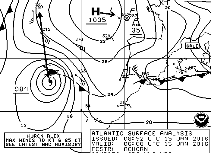 Previsión del huracán Alex llegando a Azores