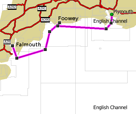 Mapa de Plymouth a Falmouth