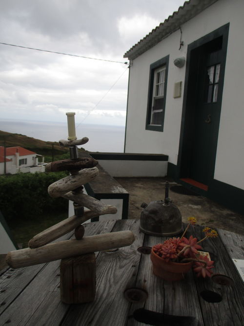 escultura abstracta junto a planta en mesa de madera delante de una casa