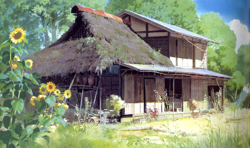 casa tradicional japonesa de antes de la democracia hormigonera,<br>se construían en 3 meses por los familiares de la pareja, sin hipoteca<br> del anime PomPoko de Isao Takahata