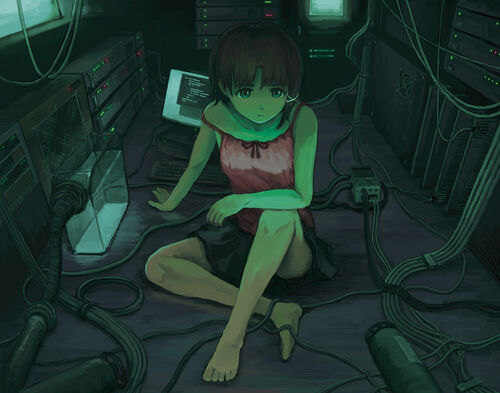 Lain en su cuarto rodeada de pantallas