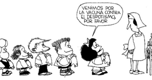 Mafalda y sus amigos esperando por la vacuna contra el despotismo