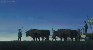 Búfalos arrastrando carro al amanecer
