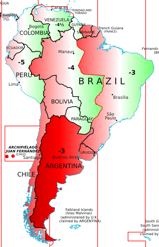 Diferença entre a hora solar e civil da América Latina 