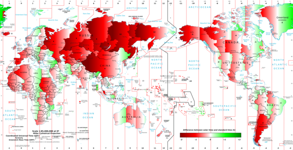 Diferencia entre la hora solar y la hora civil en todo el mundo