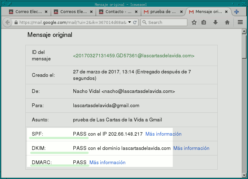 comprobación firmas SPF, DKIM y DMARC en Gmail