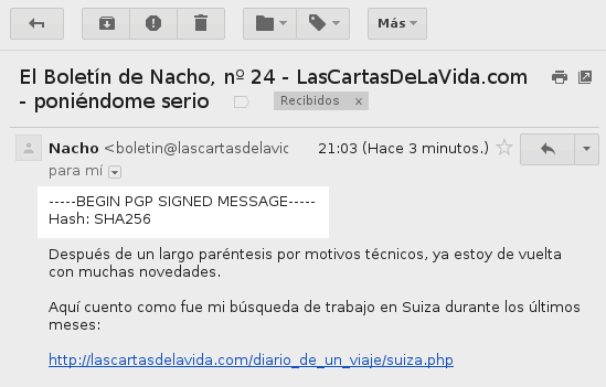 ejemplo de mensaje firmado con PGP del boletín de Nacho vista en Gmail