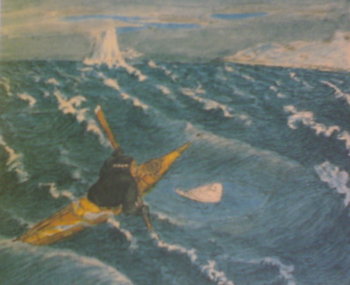 groenlandés en su piragua intentando calmar una tempestad en el mar